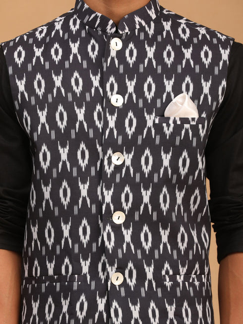 Vastramay Men's Black Ikaat Printede Cotton Nehru Jacket With Black Kurta And White Pyjama Set